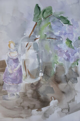 Wet smudges, paint blots and stains. Jane Austen lady personage in Empire style dress. Original watercolor painting illustration with space for text. Nice spring still life.