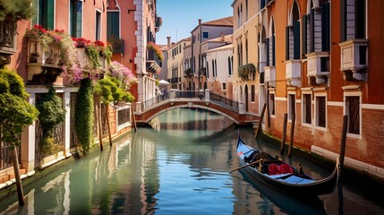 Canal in Venice, Italy. Panoramic view of the canal with gondolas - obrazy, fototapety, plakaty