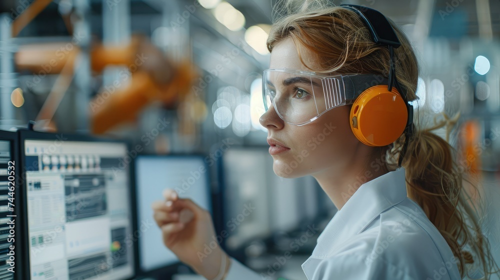 Leinwandbilder engineer woman talking with a headsets using multiple monitors in industry workshop. generative ai.