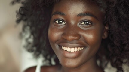 Portrait of a beautiful African woman with brunette curly hair and dark skin.