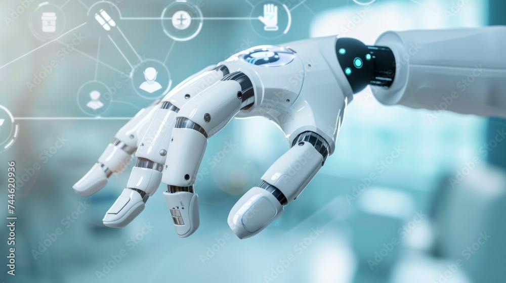 Aufkleber The robot hand has artificial intelligence for assistance with medical practices and surgeries, providing unity with human and AI concepts, with graphical icons displayed on a blue banner background.