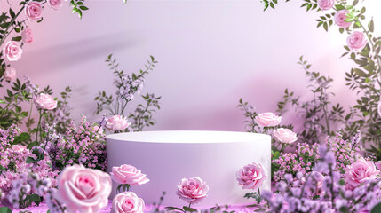 3D blank pink podium for product display with greenery and roses around.