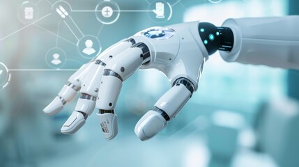 The robot hand has artificial intelligence for assistance with medical practices and surgeries, providing unity with human and AI concepts, with graphical icons displayed on a blue banner background.