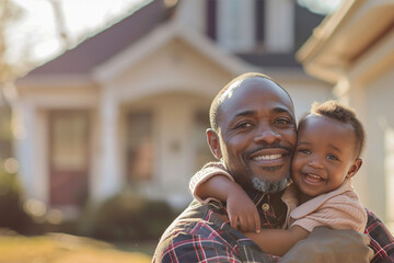 Happy smiling African American father with his little son in the front of the house - obrazy, fototapety, plakaty