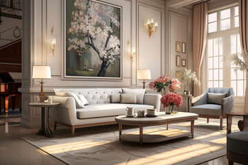 interior a luxurious home adorned with muted color palettes, elegant residences, and soft hues. Generative AI