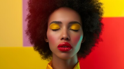 African American Fashion Model Portrait . Satisfied brunette young woman with afro hair style and closed eyes shows kiss, creative yellow make-up, lips and eyeshadows on a colorful background. - obrazy, fototapety, plakaty