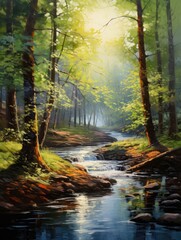 A Stream Meandering Through a Forest. Printable Wall Art.