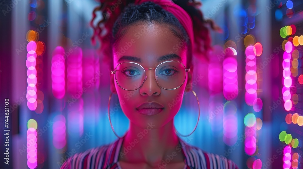 Leinwandbilder a black woman it support engineer works in a dark server room installing laptops, networking, and tr