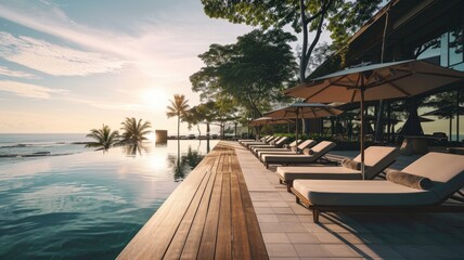 Luxurious Sunset View at a Tropical Resort with Infinity Pool and Ocean Panorama - obrazy, fototapety, plakaty