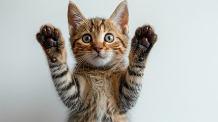 Photograph of a tabby cat with paws raised against a white background in the studio
