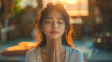 Christian girl closing her eyes praying to God for help, thanks to God, making a wish, calmly meditating on a sofa at home, praying to God with closed eyes, believing in God. - obrazy, fototapety, plakaty