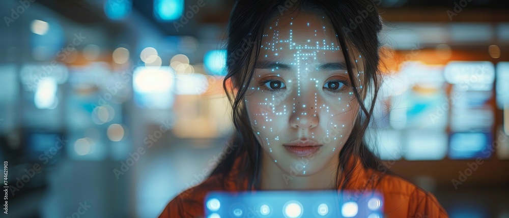 Aufkleber Concept of staying current with technology in today's fast-paced world. An Asian woman uses a holographic display to view her phone data and functions.