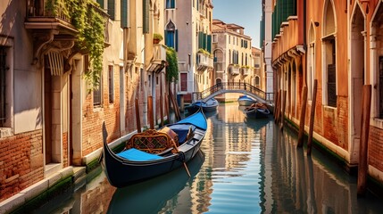 Panoramic view of a canal with gondolas in Venice, Italy - obrazy, fototapety, plakaty