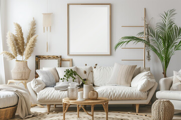 Blank modern wooden frame in a romantic boho living-room