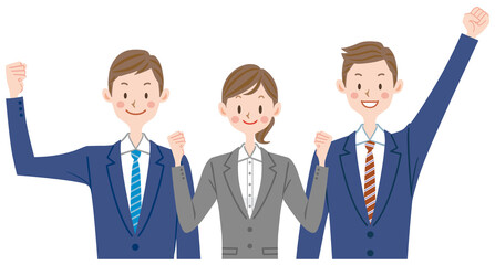 ビジネス　複数の会社員　ガッツポーズをする新入社員たち