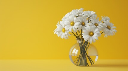 Sunny Delight: White Daisies in Glass Vase on Yellow Background, Spring Blossoms