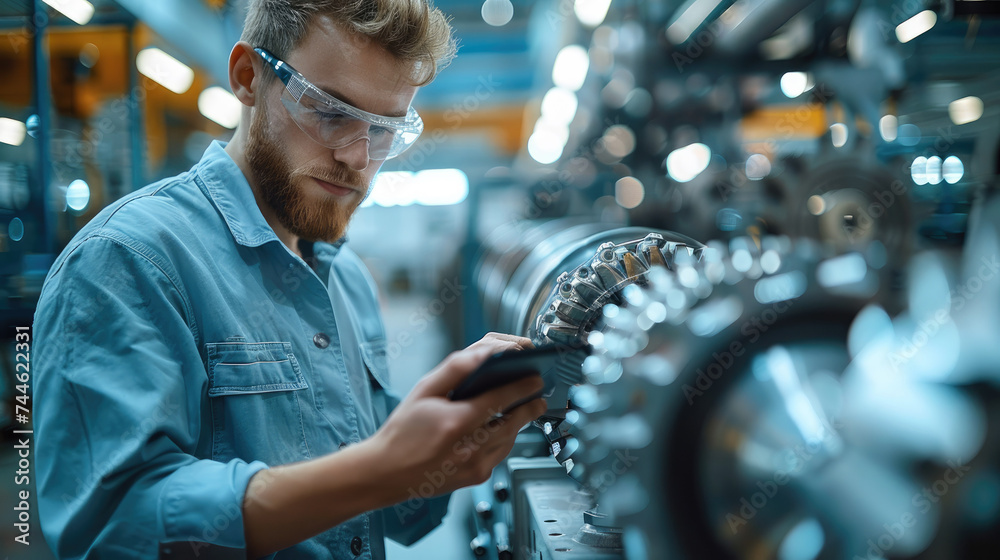 Poster A manufacturing worker in a workshop assembling gearbox using a clearly visible tablet for guidance and traceability. Generative AI.