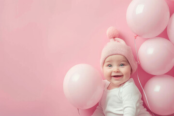Fototapeta na wymiar baby girl with balloons on pink background with copy space