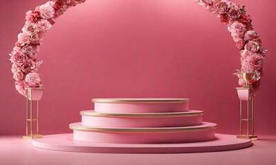 This is a minimalist and modern image featuring a pink circular podium with steps. AI generated