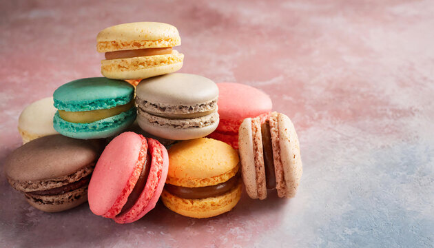 Tasty macaroons on pink background with copy space