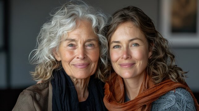 A portrait of a smiling senior grandmother and an adult daughter