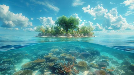 Fotobehang Ocean View With Split View Of Tropical Island And Coral Reef © Zaleman