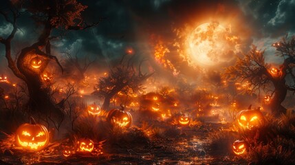 Fototapeta na wymiar Moonlight spookily illuminates Jack O'Lanterns in a forest