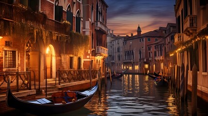 Gondola in Venice, Italy. Panoramic view of the city at sunset.