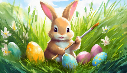 illustration of cute Easter bunny with colorful Easter eggs and paint brush in green grass