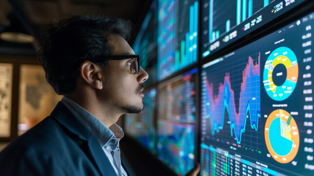 business looking at business or stock market analytics graph on screens, financial graph charts, business finance analysis, growth performance digital data