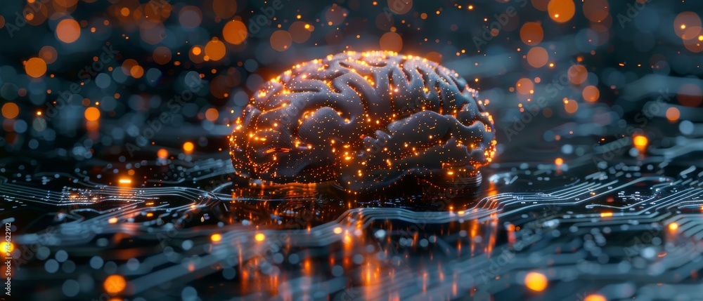 Poster A brain representing artificial intelligence with a printed circuit board (AI), data mining, deep learning modern computer technologies. Futuristic cyber technology innovation.
