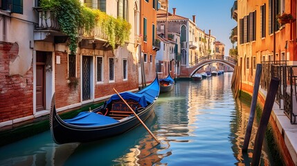 Venice, Italy. Panoramic view of the canal with gondolas - obrazy, fototapety, plakaty