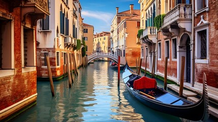 Venice, Italy. Panoramic view of canal and gondolas - obrazy, fototapety, plakaty