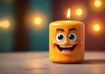 3D cute cartoon candle character on a dark background, copy space