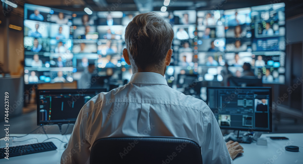 Poster workplace monitoring of employees, with workers on screens being observed. generative ai.