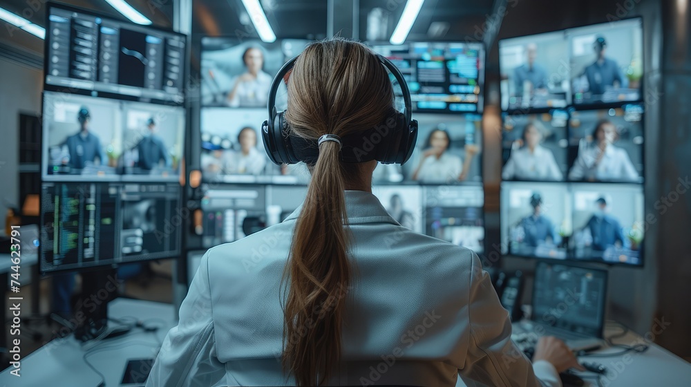 Poster workplace monitoring of employees, with workers on screens being observed. generative ai.