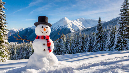 Obraz premium snowman in hat in winter forest with mountain view
