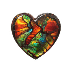 A heart made of an ammolite gemstone, on a white background.