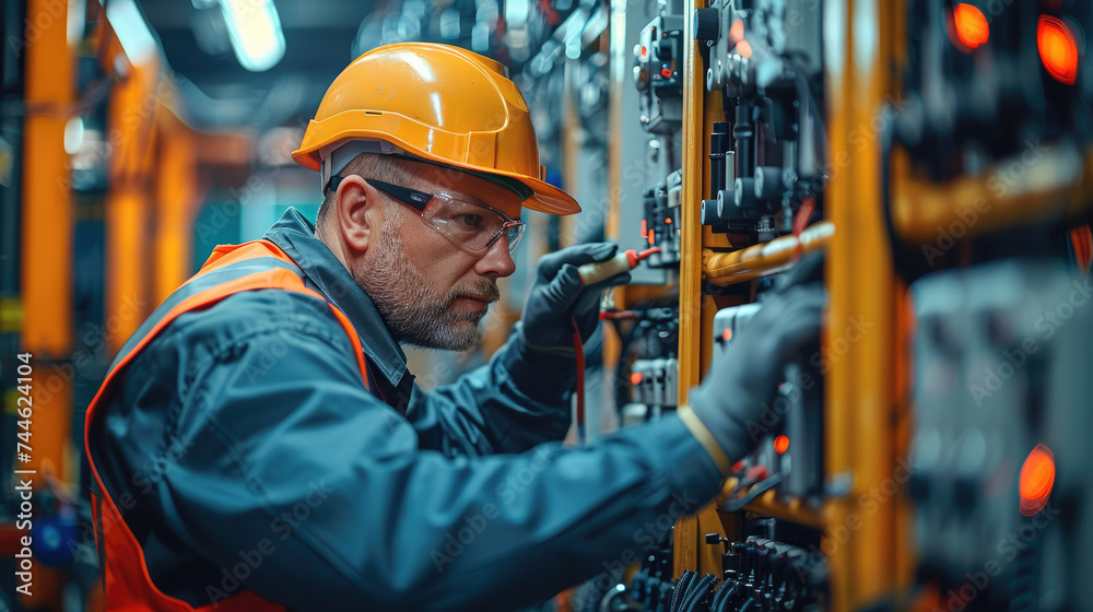 Poster A facility manager conducting a routine inspection on a transformer, using tools and safety gear. Generative AI.