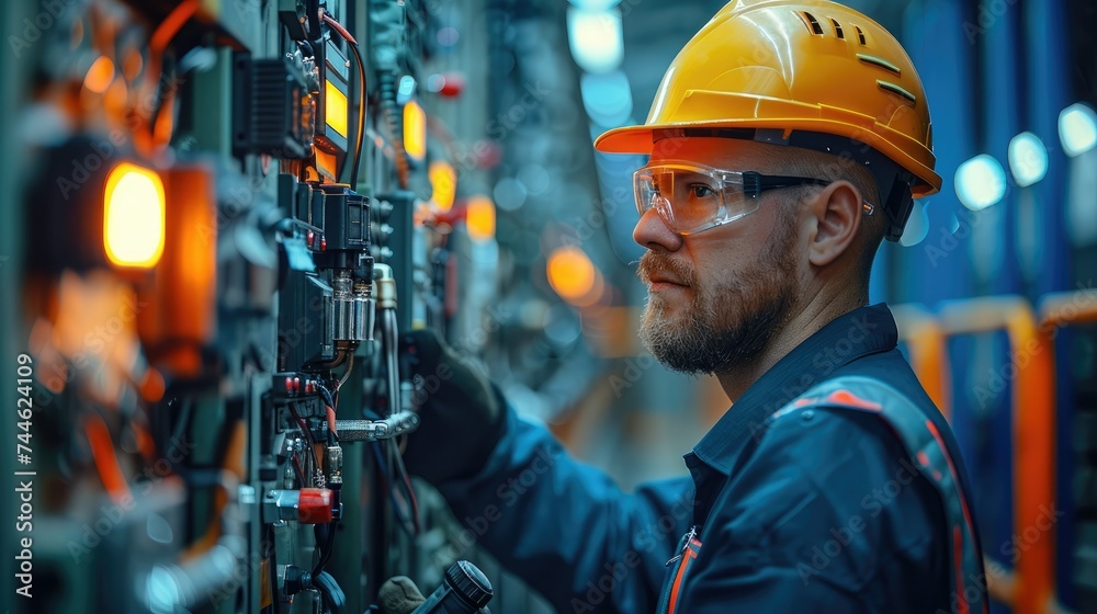 Poster A facility manager conducting a routine inspection on a transformer, using tools and safety gear. Generative AI.