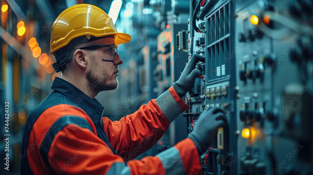 Poster A facility manager conducting a routine inspection on a transformer, using tools and safety gear. Generative AI.
