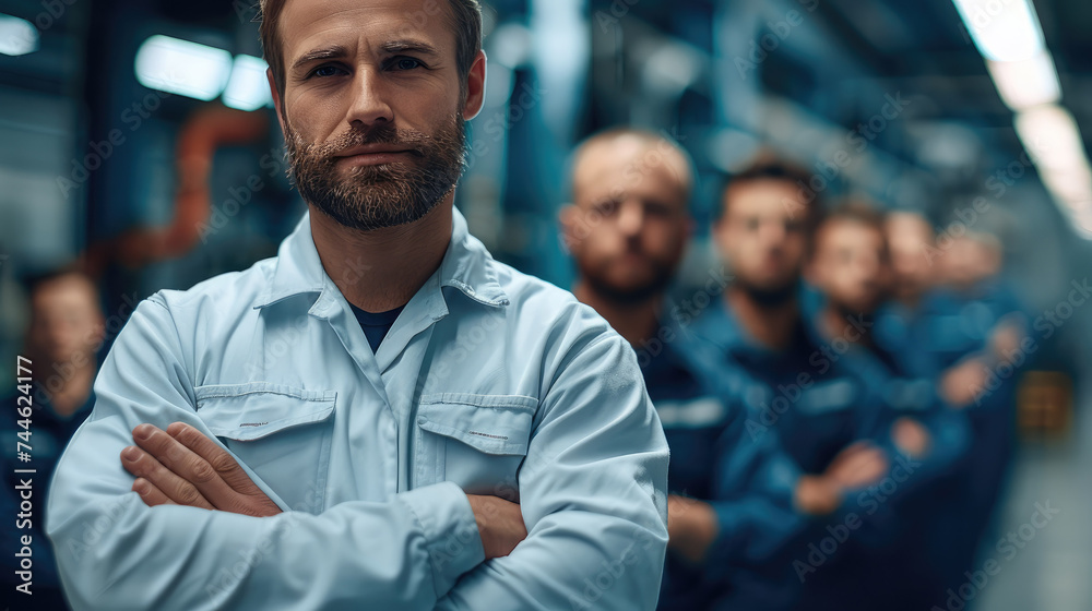 Poster A maintenance tech manager standing in front of a team of maintenance technicians. Generative AI.