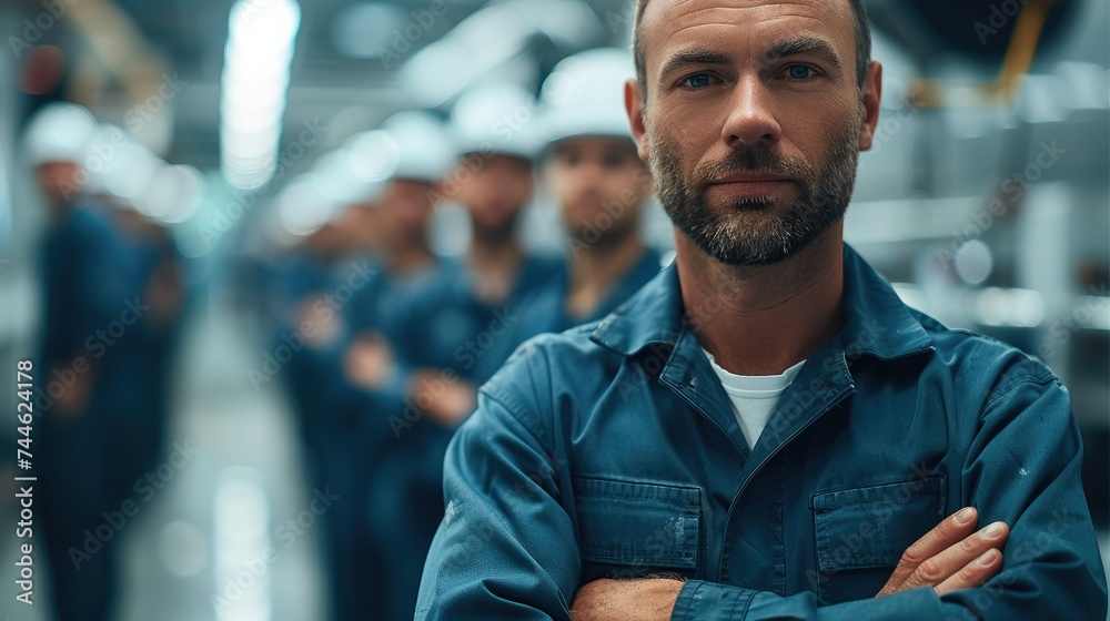 Poster A maintenance tech manager standing in front of a team of maintenance technicians. Generative AI.