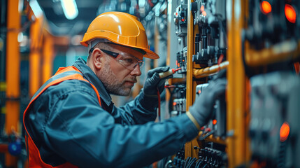 A facility manager conducting a routine inspection on a transformer, using tools and safety gear. Generative AI.