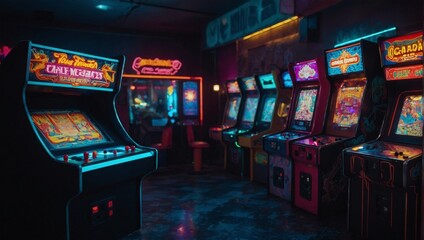 Nostalgic s arcade scene with retro games, neon lights, and arcade cabinets. Great for gaming and pop culture. 