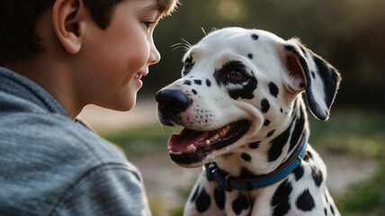 Boy poses with his Dalmatian dog in the garden and hugs him affectionately