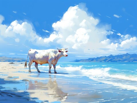 Cow Standing on Beach. Printable Wall Art.