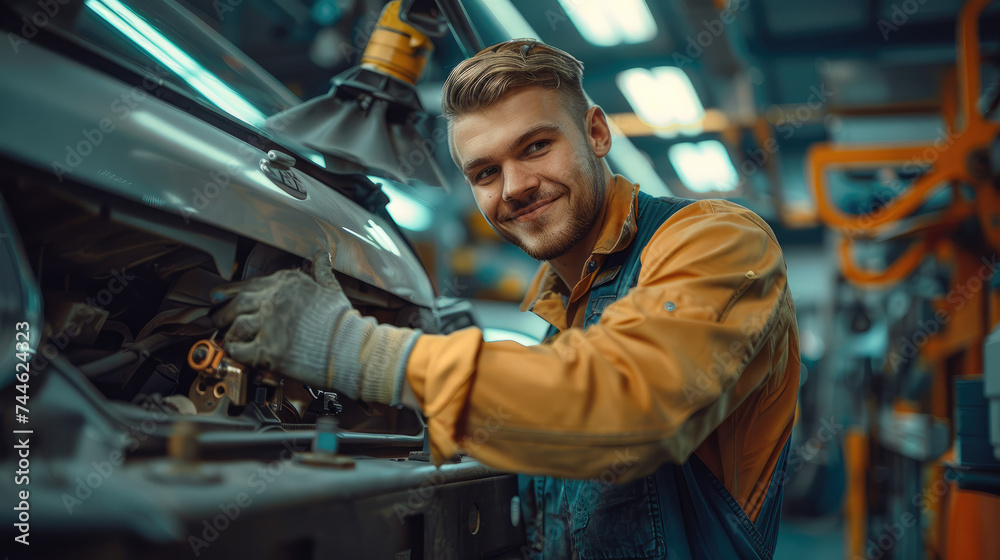 Poster a smiling car mechanic works with a car on the lift. generative ai.