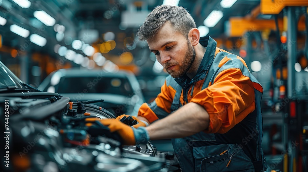 Leinwandbilder An automotive factory worker reworking a technical failure at a car. Generative AI.