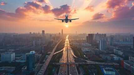 Airplane flying over urban cityscape at sunset with radiant skyline - obrazy, fototapety, plakaty
